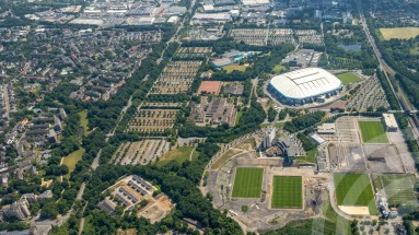 Gelsenkirchen aus der Vogelperspektive mit Blick auf das Open Innovation Lab, das Testlabor der Smart City Projekte der Stadt.