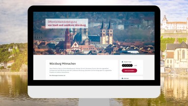 Im Hintergrund eine Stadtansicht von Würzburg, im Vordergrund ein Monitor mit der digitalen Beteiligungsplattform von Würzburg Im Hintergrund eine Stadtansicht von Würzburg, im Vordergrund ein Monitor mit der digitalen Beteiligungsplattform von Würzburg