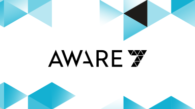 Das Bild zeigt auf weißem Hintergrund das Logo von AWARE7 als schwarzen Schriftzug. Die 7 besteht aus schwarzen Dreiecken.